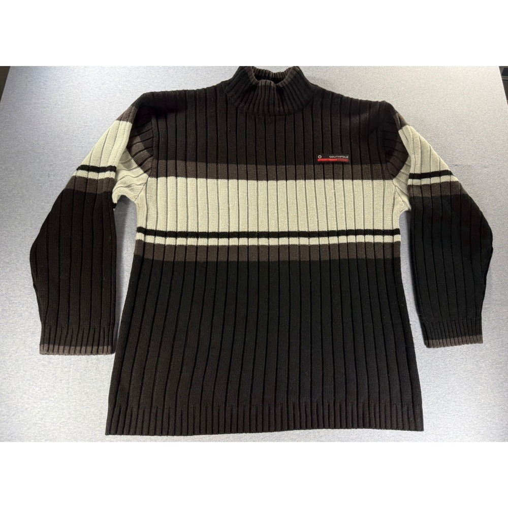 Southpole Vintage Mens Mock Neck Sweater Black Grey Striped Knit Y2K RN82628 L